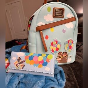 Loungefly Disney Pixar UP Carl & Ellie Kids Balloons Mini Backpack & wallet